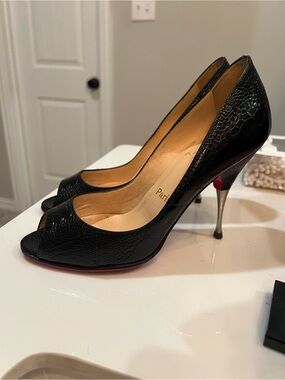Christian Louboutin Black Patent Peep-Toe Stiletto Heels